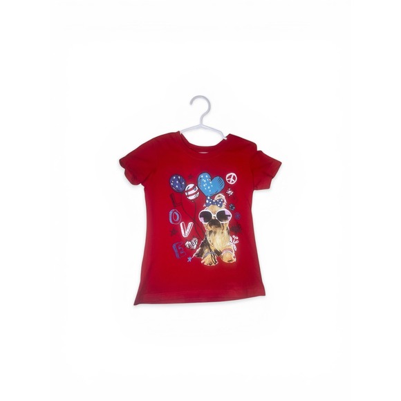 Girls Red Patriotic Yorkie Puppy Graphic Tee Fourth of July Love Shirt Kids - Picture 2 of 2